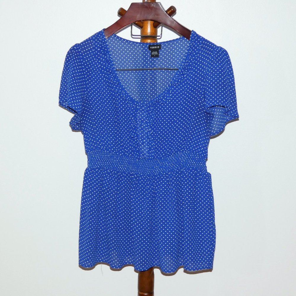Torrid blue & white polka dot pullover top Semi Sheer